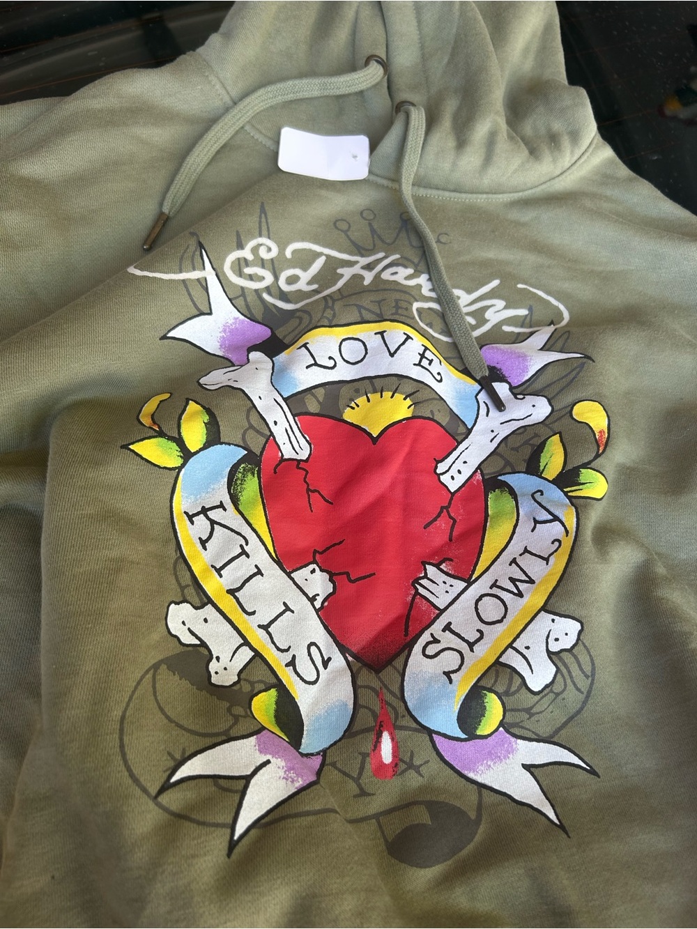 Ed Hardy Olive Graphic Hoodie with Red Heart Tattoo Print